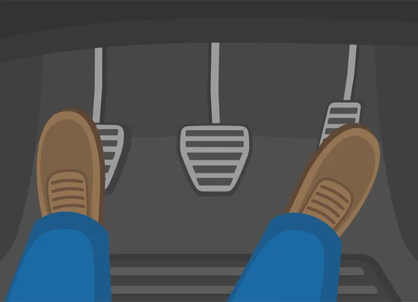 Férfi Lábak Megnyomják Autó Pedáljait Gáz Kuplung Fék Lapos Vektor — Stock Vector