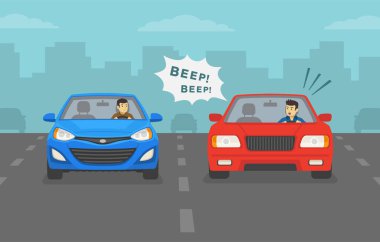 Aggressive and angry male car driver is honking horn for no reason. Front view of a city road or highway. Flat vector illustration template. clipart