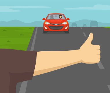 Kolunu kapat ve yolda otostop çek. Düz vektör resimleme şablonu.