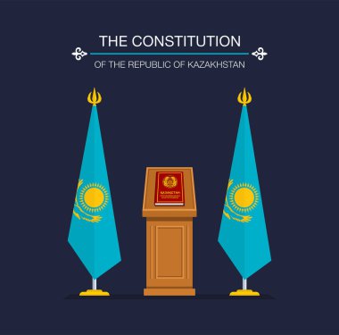 Kazakistan Cumhuriyeti anayasa kitabı ve bayrağı. Düz vektör illüstrasyonu.