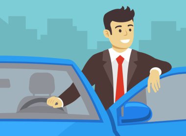 Araba kapısına dayanan mutlu iş adamı ya da yönetici. Ön manzara. Düz vektör illüstrasyonu.