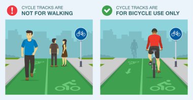 Trafik ya da yol kuralları. Bisiklet rayları sadece bisiklet kullanımı içindir, yürümek için değil. Yol sadece pedal bisikletleri tarafından kullanılacak. Bisiklet sürücüsünün arka manzarası. Düz vektör resimleme şablonu.