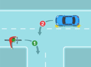 Trafik kuralları ve bahşişler. Güvenli bisiklet ve araba kullanma. Sola dönerken gelen trafiğe yol veriyor. Düz vektör resimleme şablonu.
