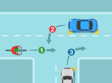 Trafik kuralları ve bahşişler. Güvenli bisiklet ve araba kullanma. Dümdüz giden bir bisikletçiye yol vermek. Düz vektör resimleme şablonu.