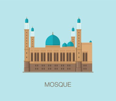 Oskemen 'deki ıssız bir İslami cami binası. Kazakistan, Orta Asya. Düz vektör illüstrasyonu.
