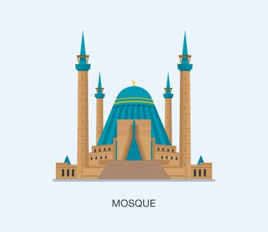 Pavlodar şehrindeki ıssız bir İslami cami binası. Kazakistan, Orta Asya. Düz vektör resimleme şablonu.