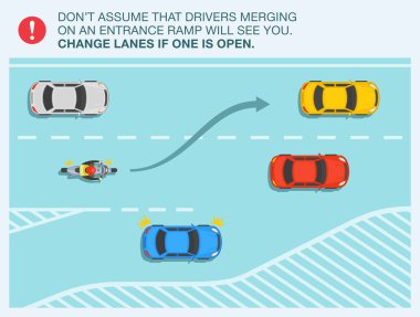 Motosiklet sürücüsü. Mavi sedan araba giriş rampasında birleşiyor. Bisiklet sürücüsü tehlike ihtimalini en aza indirmek için şeridi değiştiriyor. Düz vektör resimleme şablonu.