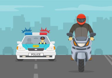 Trafik polisi otoyolda motosiklet süren bir suçluyu kovalıyor. Düz vektör illüstrasyonu.
