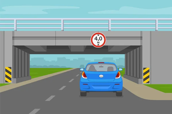 Driving Car Car Going Tunnel Bridge Low Bridge Sign Flat — Stock Vector