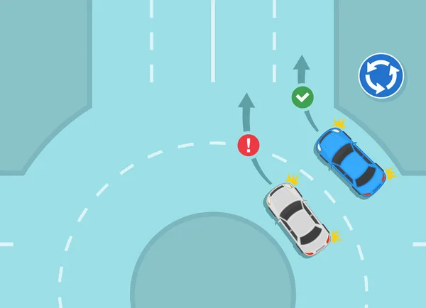 Trafik Kuralları Bahşişler Güvenli Araba Sürücüsü Döner Kavşağın Nasıl Sürüleceğini — Stok Vektör