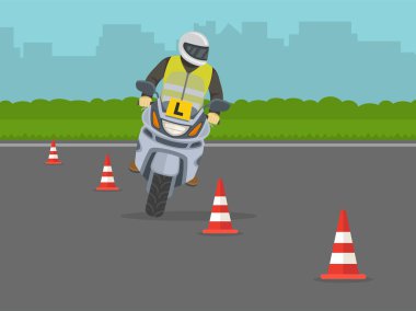 Sürüş dersi. Bisiklet sürerken dönüş pratiği yapmayı öğrenen bir motosikletçi. Düz vektör resimleme şablonu.