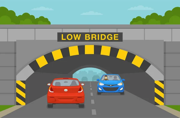 车流进低矮桥的隧道 低矮桥 有障碍物和危险标记 平面矢量图解模板 — 图库矢量图片
