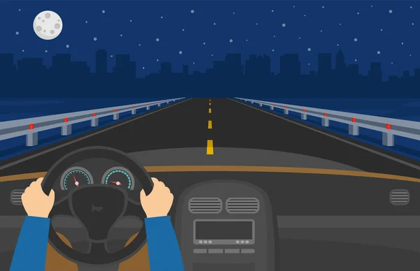Χέρια Οδηγούν Ένα Αμάξι Στον Αυτοκινητόδρομο Νύχτα Νυχτερινή Θέα Επίπεδο — Διανυσματικό Αρχείο
