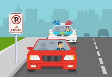 Trafik polisi kırmızı bir arabaya korna çalıyor, park yeri yok, yol işareti var. Düz vektör resimleme şablonu.
