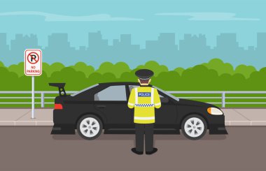 Trafik polisi park yeri olmayan bir yere park etmiş bir arabaya trafik cezası yazıyor. Düz vektör illüstrasyonu.