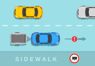 Karavanı olan bir araba. Karavan yok, karavan yok, trafik işareti yok. Şehir yolundaki mavi bir sedan arabanın üst görüntüsü. Düz vektör resimleme şablonu.