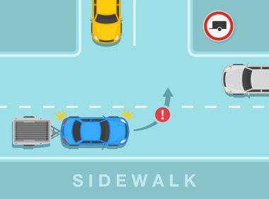 Araba sürüyorum. Çekici karavan ya da römork mavi sedan araba yola çıkmak üzere. Karavan trafiği ya da trafik işaretleri yok. Düz vektör resimleme şablonu.