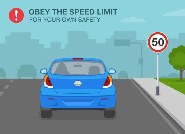 Regras Condução Segurança Obedeça Design Cartaz Aviso Limite Velocidade Personagem — Vetor de Stock