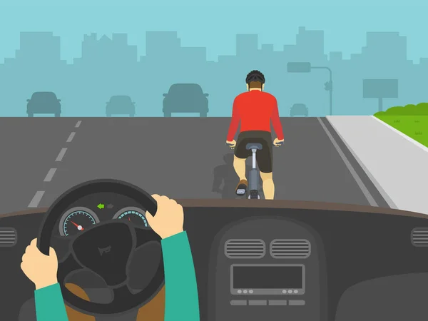 車を運転する ハンドルを握っている手 高速道路でサイクリストを追い越しドライバー サイクリングバイクライダーのバックビュー 平面ベクトル図 — ストックベクタ
