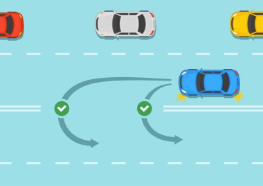 Trafik kuralları ve bahşişler. Güvenli araba sürücüsü. Mavi sedan araba şehre doğru U dönüşü yapmak üzeredir. Çift katlı bir hatta izin verilen u dönüşü türleri. Düz vektör resimleme şablonu.
