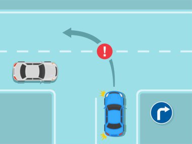 Trafik kuralları ve bahşişler. Güvenli araba sürücüsü. Mavi sedan araba üç yönlü bir kavşaktan sola dönmek üzere ve sadece sağa dönüş işareti var. Düz vektör resimleme şablonu.
