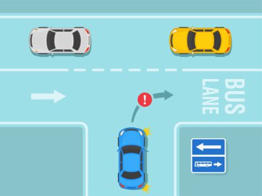Güvenli sürüş ve trafik kuralları. Mavi sedan araba otobüs şeridinden sağa dönmek üzere. Kontra akış yolu tabelası. Düz vektör resimleme şablonu.