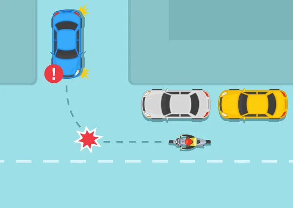 安全車の運転や自転車に乗るのルール 3つの方法接合部と交差点で交通規制 危険な左の隠されたオートバイの前で曲がります 平面ベクトル図テンプレート — ストックベクタ