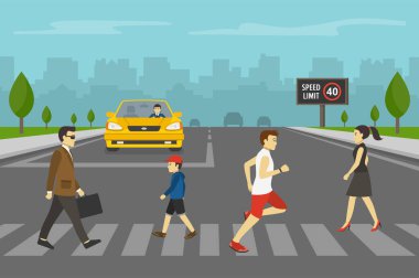 Bir grup insan Zebra Geçidi 'nden karşıya geçerken sarı araba durak çizgisinin önünde bekliyor. Yayalar işte. Düz vektör illüstrasyonu.