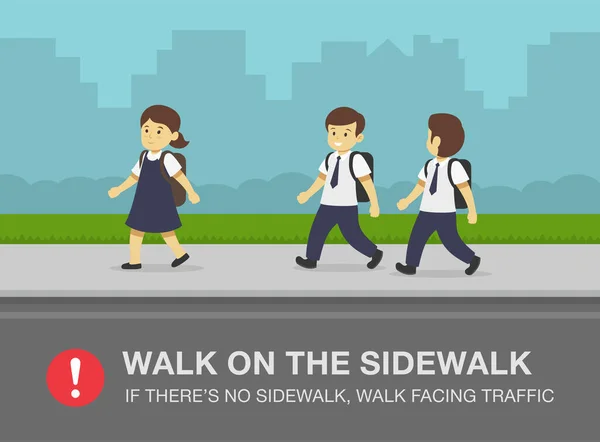 歩道を歩いている学校の子供たち 歩行者安全規則だ 平面ベクトル図テンプレート — ストックベクタ