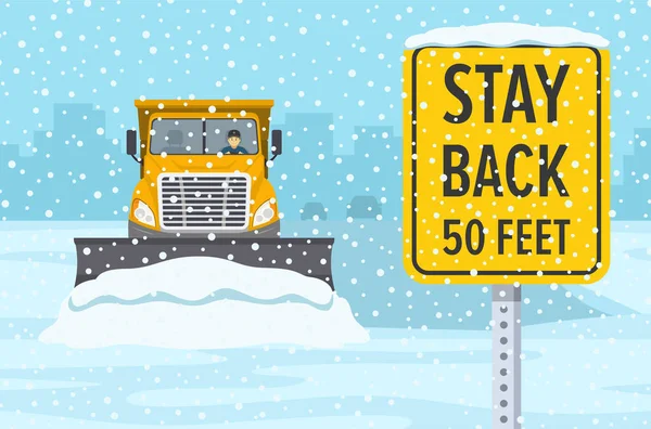 冬の安全運転規則 雪原トラックは冬の高速道路で雪をクリアしています 道路標識に注意して50フィート以上後ろにいてください 平面ベクトル図テンプレート — ストックベクタ
