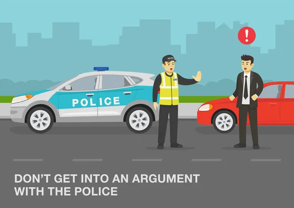 Policjant Zatrzymuje Czerwony Samochód Żeby Sprawdzić Dokumenty Kierowcy Wściekły Kierowca — Wektor stockowy