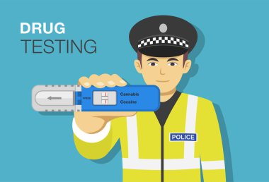 Trafik polisi elinde uyuşturucu testi kiti tutuyor. Ön manzara. Düz vektör illüstrasyonu.