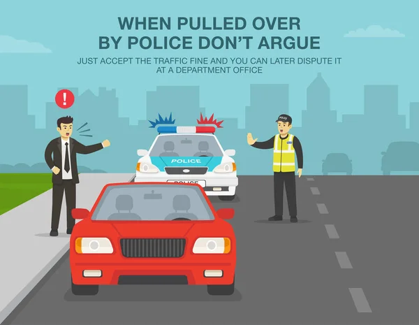 警察官は運転免許証を確認するために赤いセダン車を停止します 怒った運転手が警察と戦おうとしている 議論しないで 罰金を受け入れるだけです 交通速度制御 平面ベクトル図テンプレート — ストックベクタ