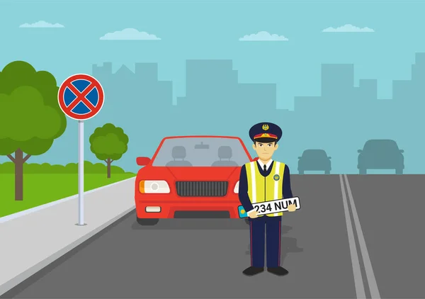 Policjant Drogowy Konfiskuje Tablice Rejestracyjne Żadnym Parkingu Znakiem Drogowym Wzór — Wektor stockowy