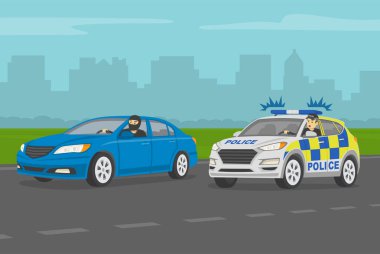 Araba sürüyorum. Kızgın Avrupalı trafik polisi otoyolda bir arabayla suçluyu kovalıyor. Trafik hız kontrolü. Düz vektör resimleme şablonu.