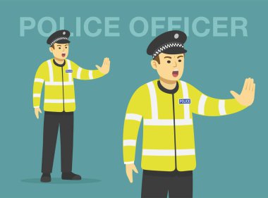 İzole edilmiş kızgın polis memuru elleriyle bir dur hareketi yapıyor. Bakış açısı. Düz vektör resimleme şablonu.