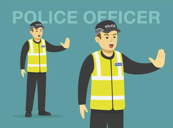 Policier Colère Isolé Portant Une Casquette Noire Gilet Fait Geste — Image vectorielle