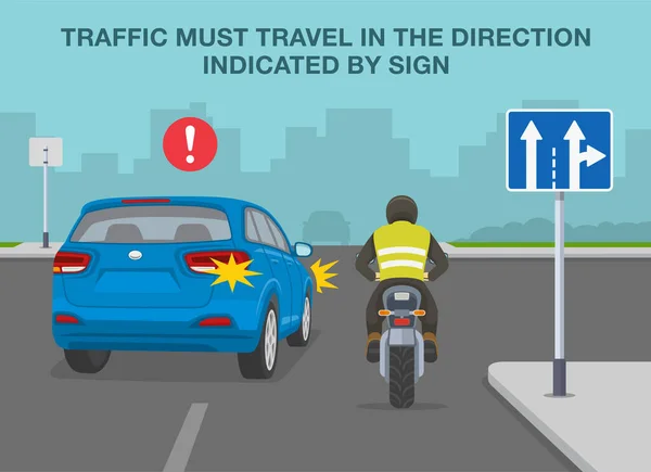 安全運転の規則および先端 車線方向道路標識意味 レーンルールでは必須の動き 信号で示される方向に交通は移動しなければならない 平面ベクトル図テンプレート — ストックベクタ