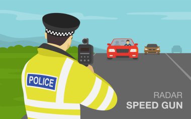 Trafik polisi otoyolda radar hızında silah tutuyor. Arkadan bak. Düz vektör illüstrasyonu.