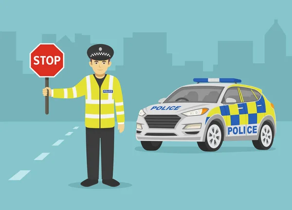 Odizolowany Brytyjski Policjant Trzymający Znak Stopu Policyjny Samochód Widokiem Przodu — Wektor stockowy
