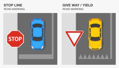 Yol işaretleri demek. Çizgiyi durdur ve yol ver ya da yol işaretini ver. Trafik işaretleri kuralı. Düz vektör resimleme şablonu.