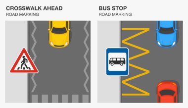 Yol işaretleri demek. Yaya geçidine ve otobüs durağına yaklaşıyoruz. Trafik işaretleri kuralı. Düz vektör resimleme şablonu.