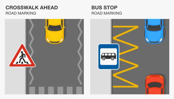 Road Markings Meaning Approaching Pedestrian Crossing Bus Stop Markings Traffic — Stock Vector