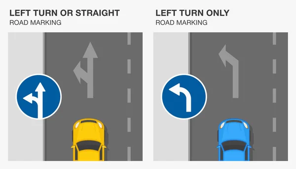 道路標識の意味 左ターンまたは右ターンと左ターンのみのマーキング 交通標識ルール 平面ベクトル図テンプレート — ストックベクタ