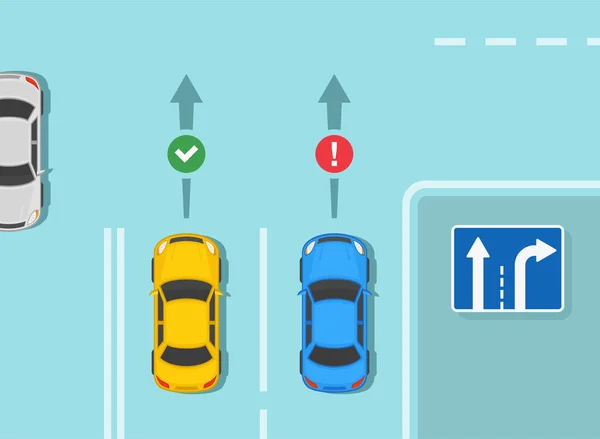 安全運転の規則および先端 車線方向道路標識意味 車線内の正確かつ誤った動き 直進し 右折車線 平面ベクトル図テンプレート — ストックベクタ