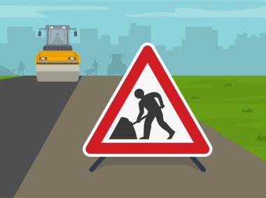 Yol silindiri kaldırımları kaldırım ya da caddede yapıyor. Öndeki yol inşaat tabelasının altında. Düz vektör illüstrasyonu.