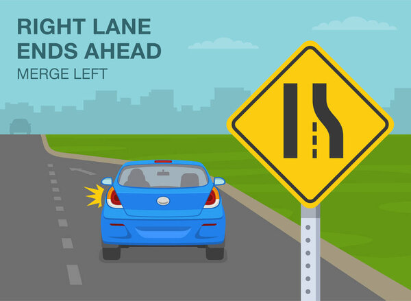 Правила безопасного вождения и советы. Крупным планом правая полоса заканчивается перед слиянием знака "левая дорога". Правят обязательные движения в полосах движения. Плоский векторный шаблон.