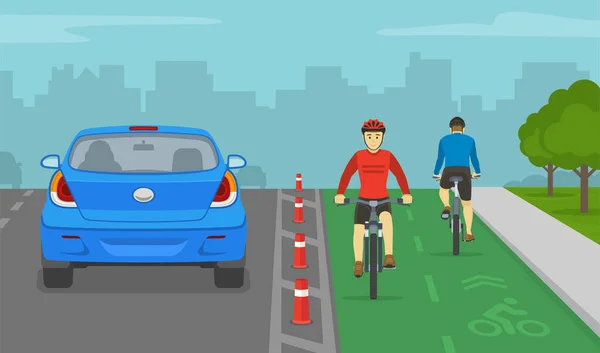 자전거 도로에 자동차와 자전거타는 사람들의 뒷모습 자전거 일러스트 템플릿 — 스톡 벡터