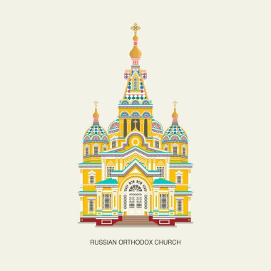 Almaty, Kazakistan 'daki eski renkli Rus Ortodoks kilise binası. Düz vektör resimleme şablonu. 