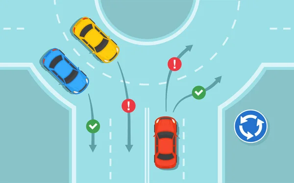 Säkerhetskörning Trafikregler Och Tips Ovanifrån Bilar Rondell Korsning Väg Hur — Stock vektor